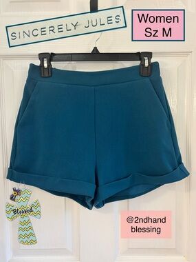 Sincerely Jules Teal High-Waist Roll-Hem Women’s Shorts, Sz Med, Pockets